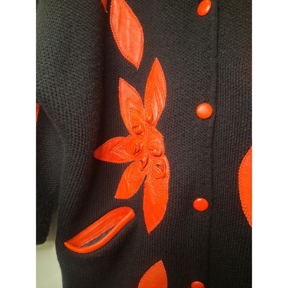 Vintage 80s Sweater Cardigan‎ Red Leather Roses Retro Stranger Things Aesthetic - Picture 9 of 15